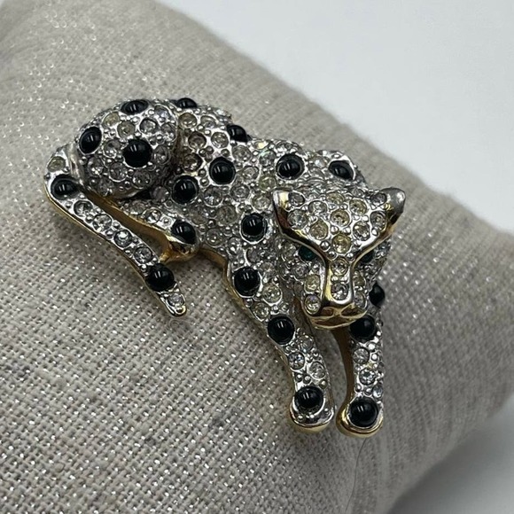 Panther Silver Gold Tone Rhinestones Black Cabochons Green Eye Brooch - Picture 2 of 16